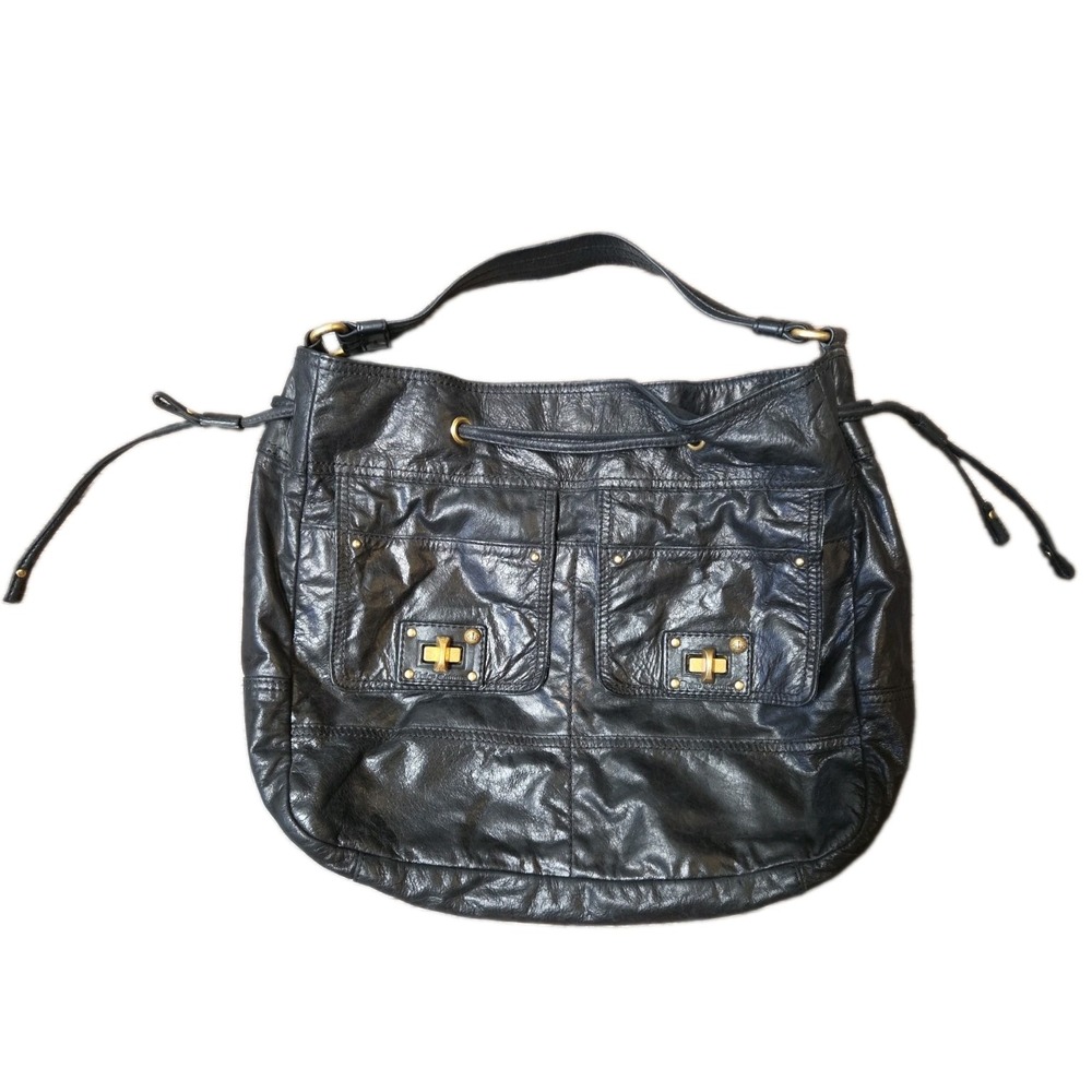 Juicy Couture  Vintage Rare Y2K  Black Leather Large Hobo Shoulder Bag Black